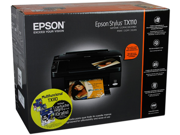Multifuncional Epson Stylus TX110 Impresora, Copiadora y Escáner, Resolución hasta 5760 x 1440 dpi. Incluye un cartucho negro extra GRATIS!