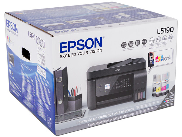 Multifuncional a color Epson EcoTank L5190, Impresora, Copiadora, Escáner y Fax, Sistema de Tanques de Tinta, Wi-Fi, Ethernet, USB.