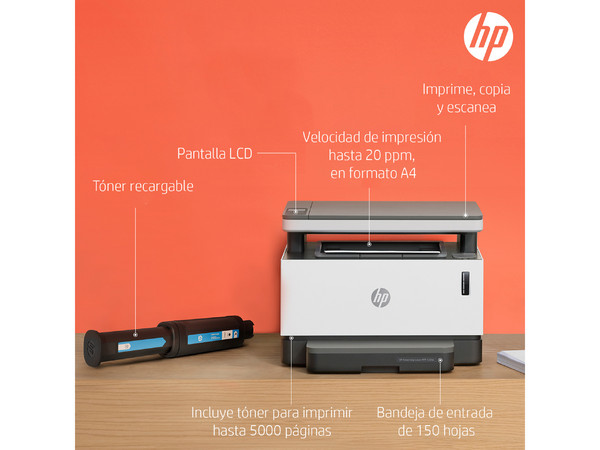 Multifuncional Láser HP NeverStop 1200A con Sistema de Tanque de Toner, Impresora Láser Monocromática, Escáner y Copiadora, 600 x 600 dpi.