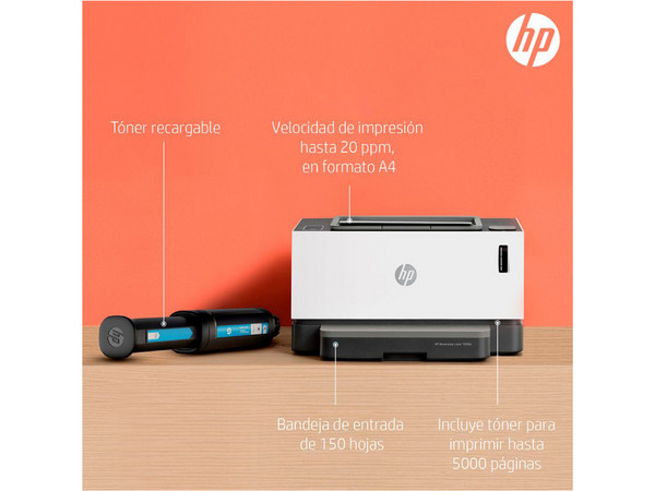 Impresora Monocromática HP Neverstop Láser 1000a con Sistema de Tanque de Toner, hasta 21 ppm, 600x600ppp, USB.