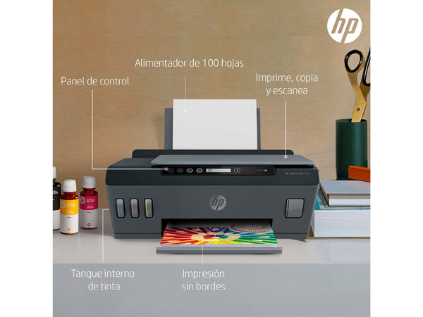 Multifuncional de inyección HP Smart Tank 500, Impresora, Copiadora, Fax y Escáner, 1200 dpi, Sistema de Tanques de Tinta, USB.