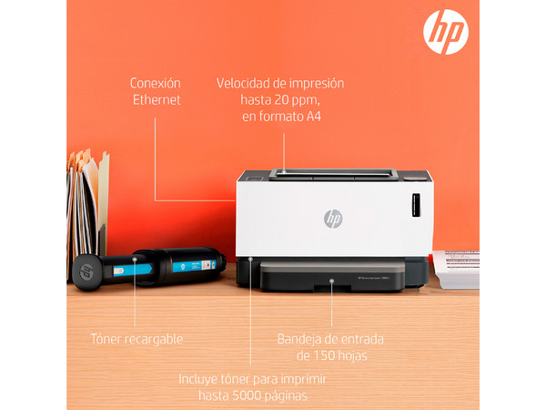 Impresora Monocromática HP Neverstop Láser 1000N con Sistema de Tanque de Toner, hasta 21 ppm, 600x600ppp, USB, Ethernet.