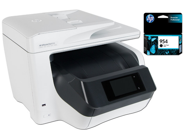Multifuncional de inyección de tinta a color HP Officejet Pro 8720, Impresora, Copiadora y Escáner, resolución hasta 4800 x 1200 dpi, Wi-Fi, Ethernet, USB, Incluye cartucho de tinta color Negro.