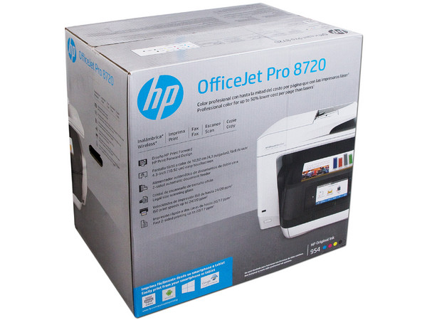 Multifuncional de inyección de tinta a color HP Officejet Pro 8720, Impresora, Copiadora, Escáner y Fax, resolución hasta 4800 x 1200 dpi, Wi-Fi, Ethernet, USB.