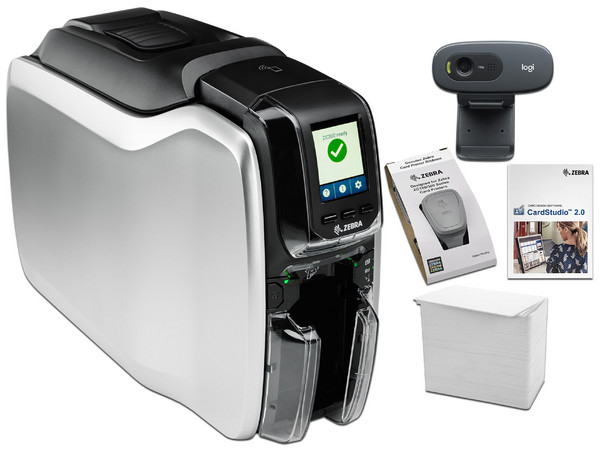 Kit de impresión de tarjetas Zebra ZC32-000CQ00LA00, impresora ZC300, 200 tarjetas PVC, cámara web.