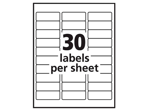 Paquete de etiquetas Avery 5160 con 3000 etiquetas blancas de 2.5 x 6.7cm.