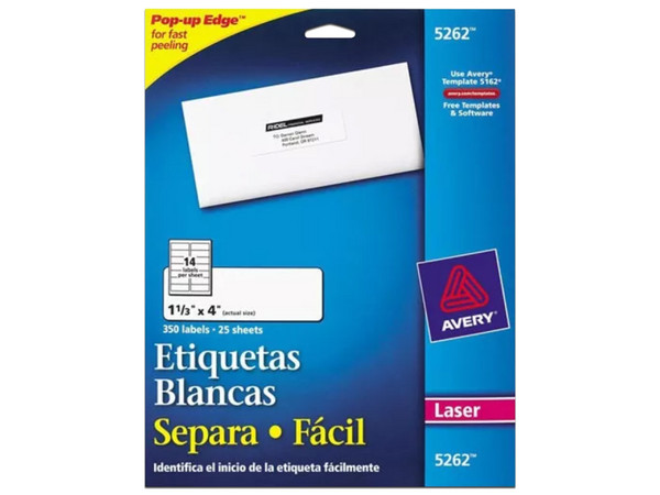 Paquete de etiquetas Avery 5262 con 350 etiquetas blancas de 1.3 x 4.5cm.