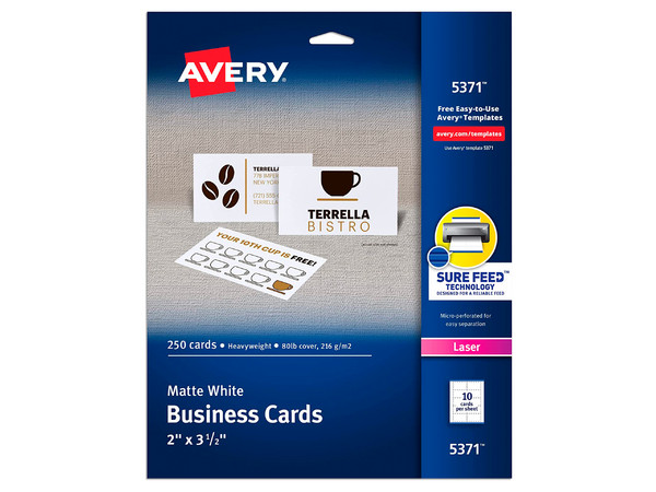 Tarjetas de presentación Avery 5371 de 5.1 x 8.9cm, formato carta, color blanco. Paquete con 250 piezas.