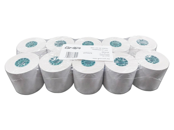 Rollo de papel térmico GHIA PTG57N de 57 x 60 mm, Reacción Negro, 10 piezas, Para impresoras de 58mm.