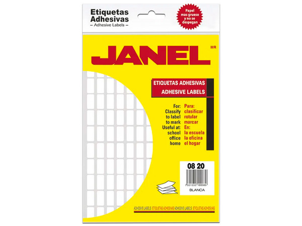 Etiquetas adhesivas Janel N.4, 08 x 20mm, Color Blanco.
