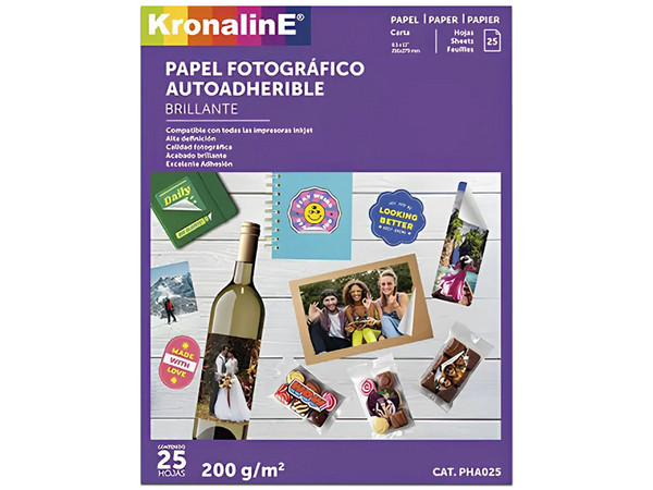 Papel Fotográfico Kronaline PHA025, Paquete de 25 Hojas, Tamaño Carta, Auto adherible.