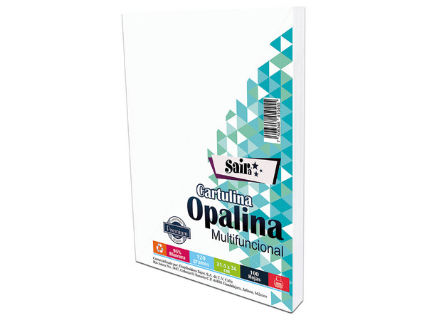 Paquete de Papel Opalina Saira 130653, Tamaño Oficio, 100 Hojas. Color Blanco.