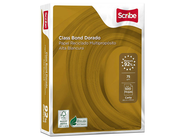 Papel Bond Scribe Reciclado Multipropósito Dorado tamaño Carta, Blancura de 92 %. Caja con 10 paquetes de 500 hojas c//u.