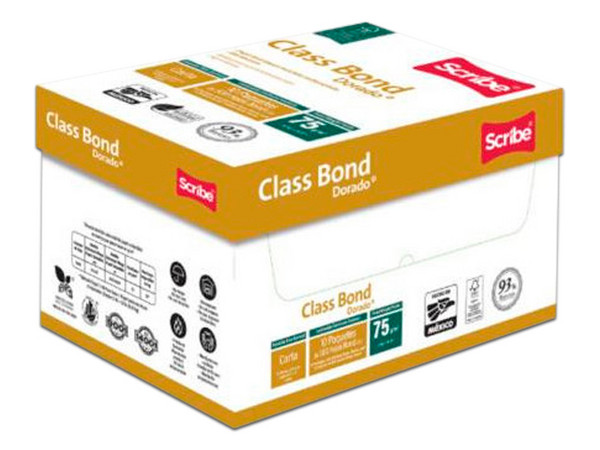 Papel Cortado Scribe Class Bond Dorado, tamaño Oficio, 93% de Blancura, Caja C/5000 Hojas.