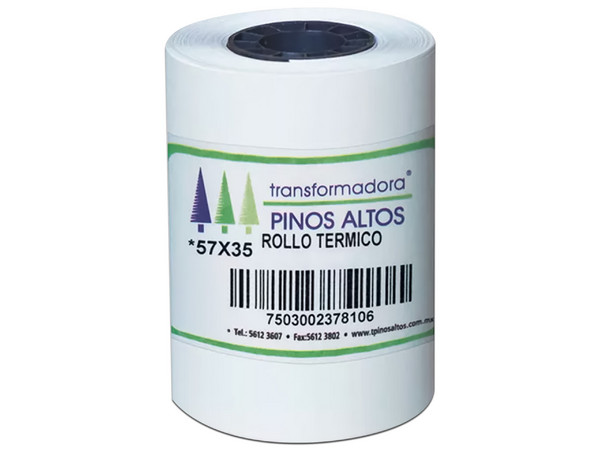 Paquete de Rollos de papel térmico Pinos altos, 57mm x 35m,  caja con 300 Rollos. Color blanco.