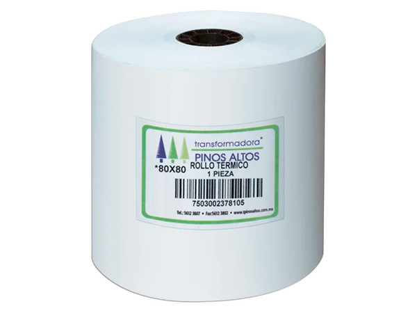 Rollo de Papel Térmico Pinos Altos RT8080 de 80 x 80mm, color blanco. Caja con 50 piezas