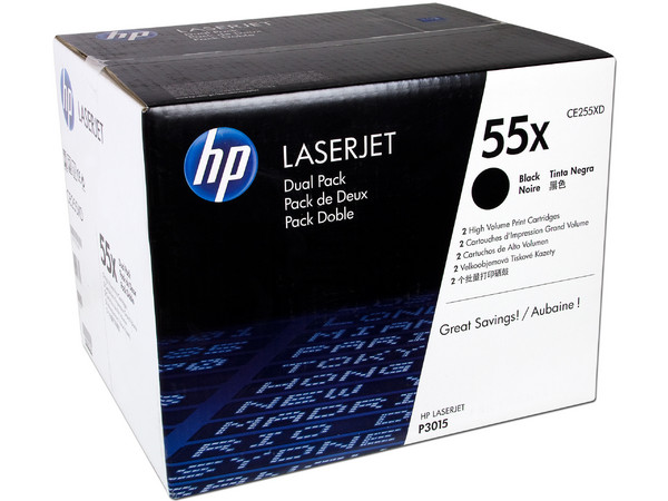 Pack de 2 cartuchos de tóner HP 55X Negro Alto rendimiento Laserjet Original (CE255XD).