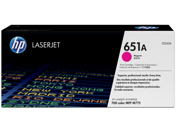 Cartucho de tóner HP 651A LaserJet, Magenta, Modelo: CE343A.