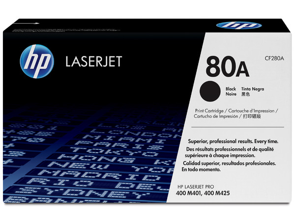 Cartucho de tóner para impresora HP 80A Negro Laserjet Original (CF280A).