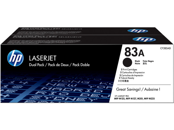 Pack de 2 cartuchos de tóner HP 83A Negro Laserjet Original (CE283AD).