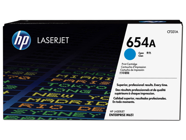 Cartucho de tóner HP 654A Cian Laserjet Original (CF331A).