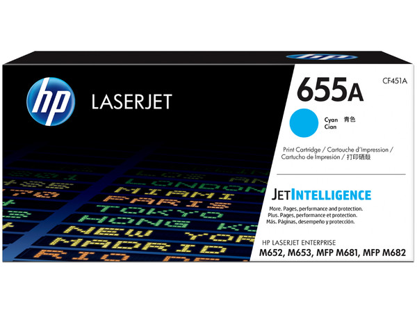 Cartucho de tóner HP 655A Cian Alto rendimiento Laserjet Original (CF451A).