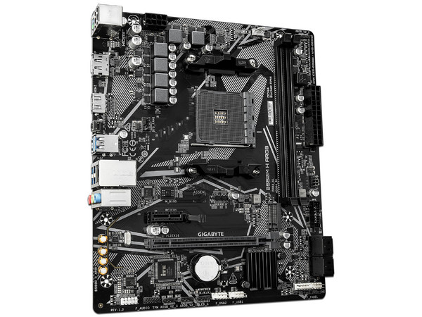 T. Madre Gigabyte B550M H ARGB, 
Segmento: General, Chipset AMD B550,
Soporta: Procesador AMD Ryzen 3a Gen, Socket AM4,
Memoria: DDR4 5100/3866(OC)/2133MHz, 64GB Max,
Integrado: Audio HD, Red, USB 3.2, SATA 3.0, M.2,
Micro-ATX, Ptos: 1xPCIEx16 4.0