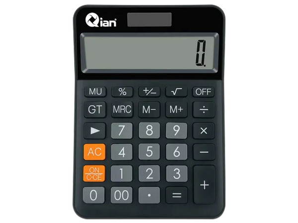 Calculadora Qian QYD-164EC-03, 12 Dígitos, Pantalla Inclinada, Batería Solar. Color Negro.
