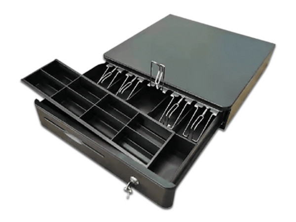 Cajón para Dinero Evotec EV-3003 con 8 Compartimentos para Monedas, 5 para Billetes y 1 para Tickets. Color Negro.