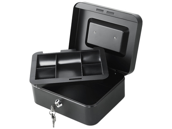 Cajón Electrónico de Dinero Qian QOC-143SK con Bandeja Removible. Incluye 5 Compartimentos para Billetes y Monedas. Material de Acero, Color Negro.