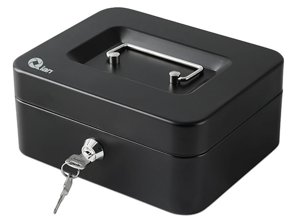 Cajón Electrónico de Dinero Qian QOC-143SK con Bandeja Removible. Incluye 5 Compartimentos para Billetes y Monedas. Material de Acero, Color Negro.