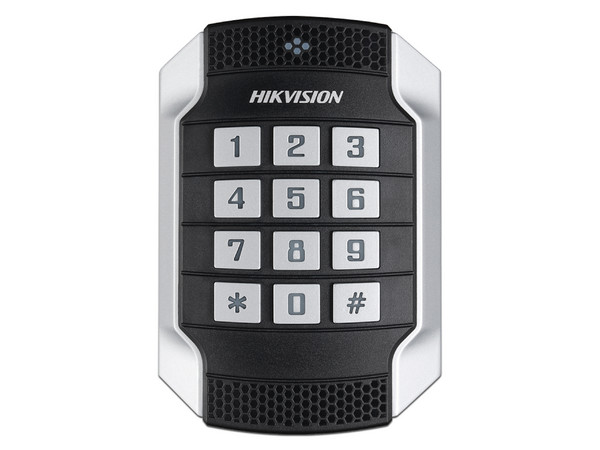 Lector de Tarjetas MIFARE y Contraseñas Hikvision DS-K1104MK, Wiegand W26, W34 y RS-485, IP65, IK10, Indicador LED.