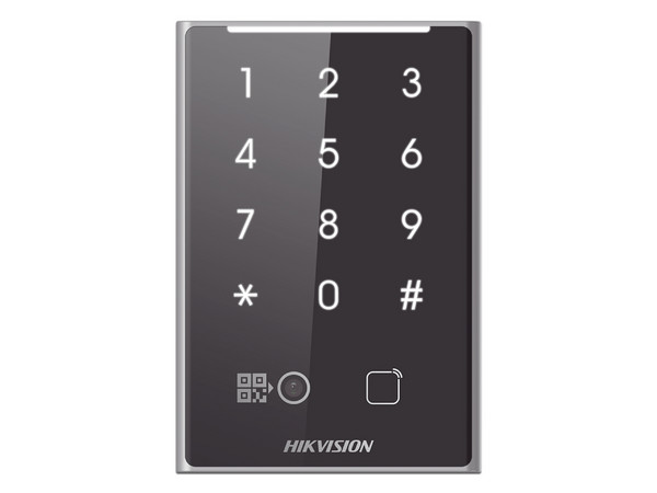 Lector de Tarjetas PROX EM y de Códigos QR Hikvision DS-K1109EKB-QR, Teclado para Contraseña, Compatible con Controladores DSK2600 Series Hikvision, Comunicación RS485 y WIEGAND.