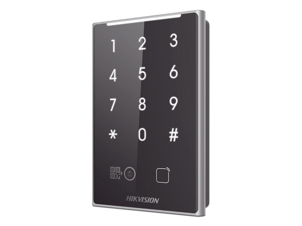 Lector de Tarjetas PROX EM y de Códigos QR Hikvision DS-K1109EKB-QR, Teclado para Contraseña, Compatible con Controladores DSK2600 Series Hikvision, Comunicación RS485 y WIEGAND.