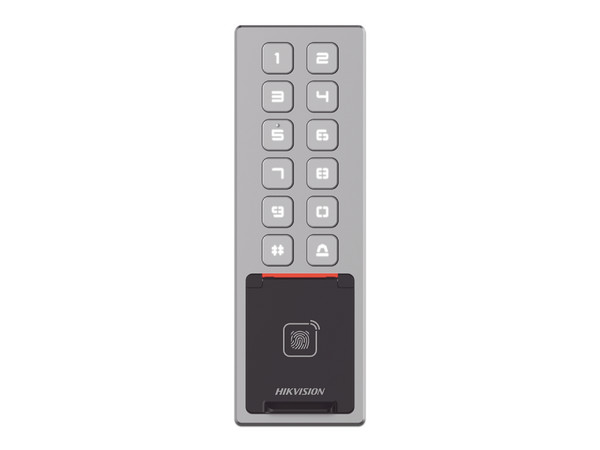 Terminal de Control de Acceso Hikvision DS-K1T805MBFWX, Hasta 3,000 Huellas, Lector de Tarjeta, Desbloqueo por PIN, IP65, Color Plateado.