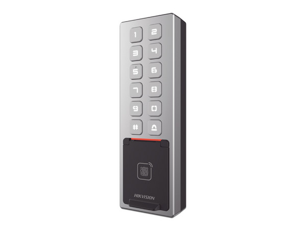 Terminal de Control de Acceso Hikvision DS-K1T805MBFWX, Hasta 3,000 Huellas, Lector de Tarjeta, Desbloqueo por PIN, IP65, Color Plateado.
