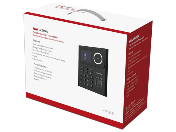 Kit WiFi de Control de Acceso Lite Hikvision DS-KAS320, con lector de rostros, tarjetas y huellas, 500 Rostros, Compatible con App HIKConnect, Incluye Electroimán, Botón de Salida y Montajes Z y L para imán.