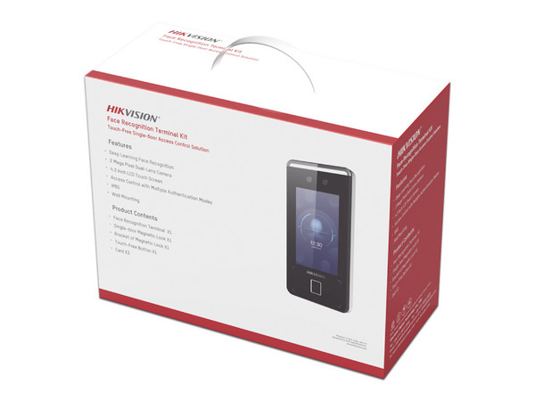 Kit de Terminal de Reconocimiento Facial Hikvision DS-KAS541, Incluye Terminal Hikvision DS-K1T341CMF, Cerradura Magnética DS-K4H258S, Kit de Monturas Z y L DS-K4H258-L/Z, Botón DS-K7P03, y Tarjeta general FM11RF08-M1.