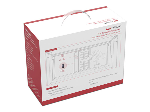 Kit de Terminal de Reconocimiento Facial Hikvision DS-KAS541, Incluye Terminal Hikvision DS-K1T341CMF, Cerradura Magnética DS-K4H258S, Kit de Monturas Z y L DS-K4H258-L/Z, Botón DS-K7P03, y Tarjeta general FM11RF08-M1.