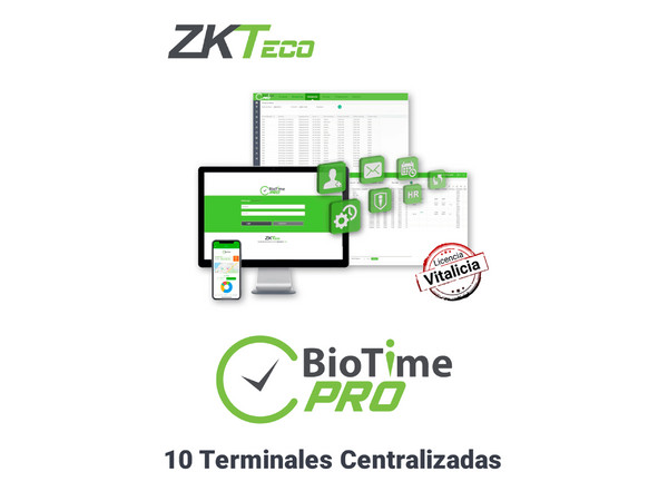 Plataforma de gestión de asistencia profesional ZKTeco BioTimePro Lite, Para 10 Terminales Centralizadas, 1000 Empleados, 1 Punto para App.