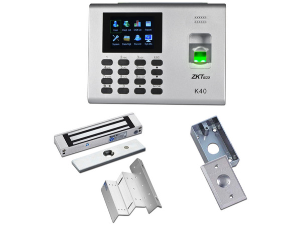 Kit de Control de Asistencia ZKTeco K40YMPAK, acceso simple con validación por huella, incluye chapa magnética de 280 kg, soporte ZL para fijación, y Botón de Salida.