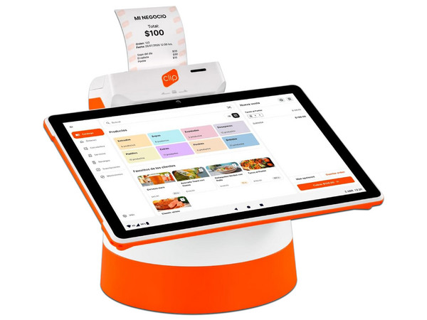 Terminal Clip Stand 2, Doble Pantalla, Wi-Fi, Bluetooth, Chip de Proximidad, Con Impresora Térmica, Android. Color Naranja.