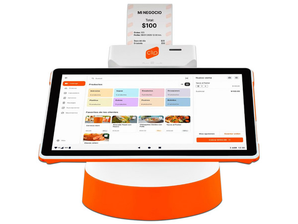 Terminal Clip Stand 2, Doble Pantalla, Wi-Fi, Bluetooth, Chip de Proximidad, Con Impresora Térmica, Android. Color Naranja.