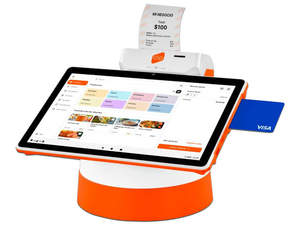 Terminal Clip Stand 2, Doble Pantalla, Wi-Fi, Bluetooth, Chip de Proximidad, Con Impresora Térmica, Android. Color Naranja.