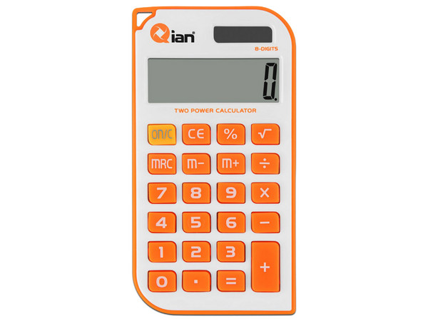Calculadora de Mano Qian QYD-164EC-01, 8 Dígitos, Teclas de Plástico, Batería Solar. Color Blanco y Naranja.