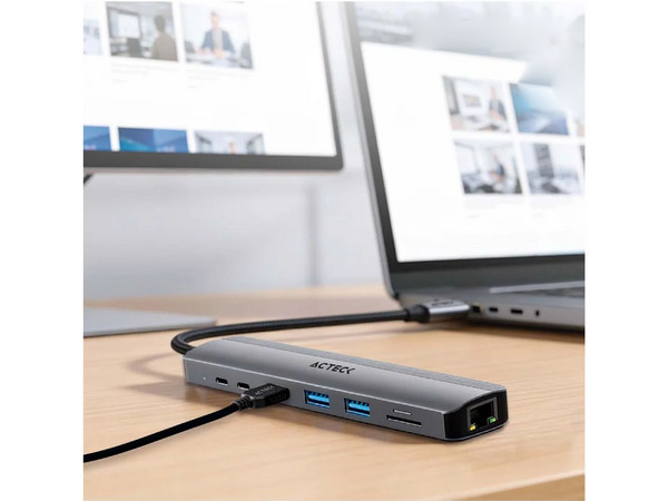 HUB USB Acteck Gatex Dock HD785 de 8 Puertos, USB Tipo C a 2 Puertos USB Tipo C, Lector de Tarjetas TF, Lector de Tarjetas SD, 1 Puerto Ethernet, 1 Puerto HDMI, 2 Puertos USB Tipo A 3.0. Color Gris.