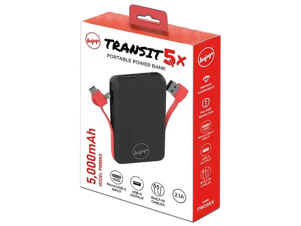 Power Bank Deejays PW5KX de 5 000 mAh con Cables USB Tipo A, Tipo C y Lightning. Color Negro.