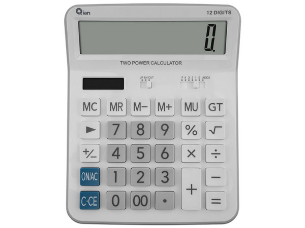 Calculadora Qian QYD-164EC-02, 12 Dígitos, Pantalla Inclinada, Batería Solar. Color Blanco.