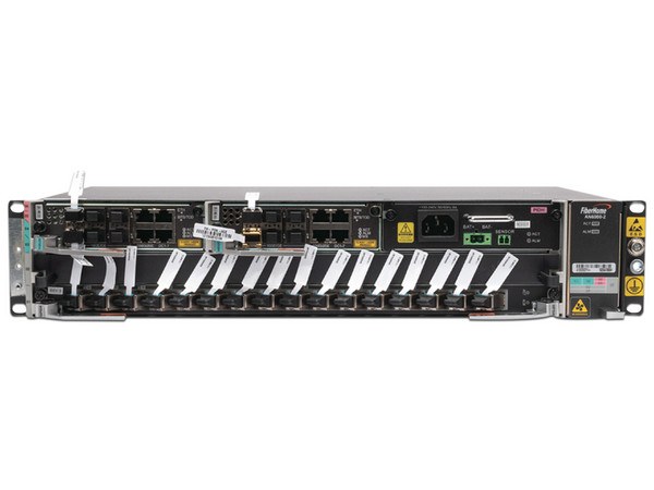 OLT FiberHome AN6000-2-AC Carrier Class Modular GPON, 2 Ranuras, 1 Tarjeta GPOA de 16 puertos GPON, 1 Fuente de CA, 2 UR.