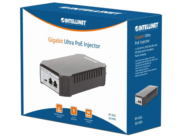Inyector de corriente Intellinet de 2 Puertos RJ45 10/100/1000 Mbps, PoE, 95W.